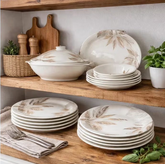 27PCS Melamine Dinnerware Set – Feather Pattern Plates Bowls Serving Dishes Kitchen Tableware Set
