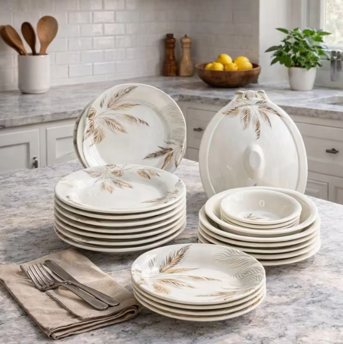 27PCS Melamine Dinnerware Set – Feather Pattern Plates Bowls Serving Dishes Kitchen Tableware Set