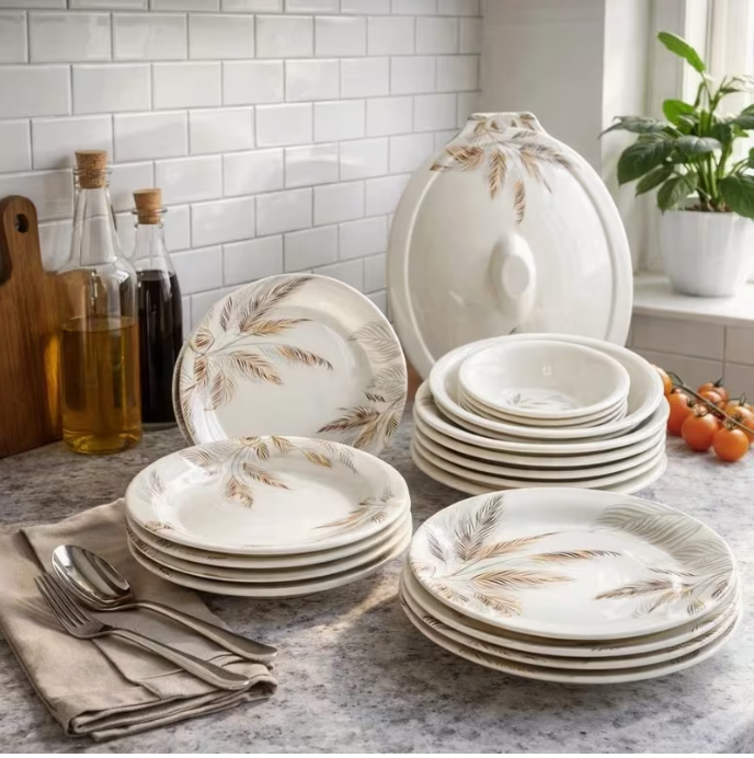 27PCS Melamine Dinnerware Set – Feather Pattern Plates Bowls Serving Dishes Kitchen Tableware Set
