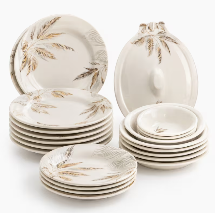 27PCS Melamine Dinnerware Set – Feather Pattern Plates Bowls Serving Dishes Kitchen Tableware Set