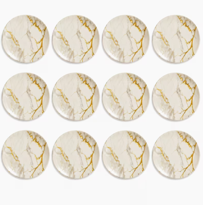 12 PCS Melamine Dinner Plates 26cm – Gold Marble Pattern Round Plates Dishwasher Safe Tableware