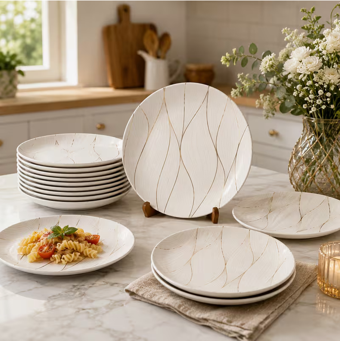 12PCS Heavy Melamine Dinner Plates 26cm Gold Seashell Pattern Durable Dishwasher Safe Tableware Set