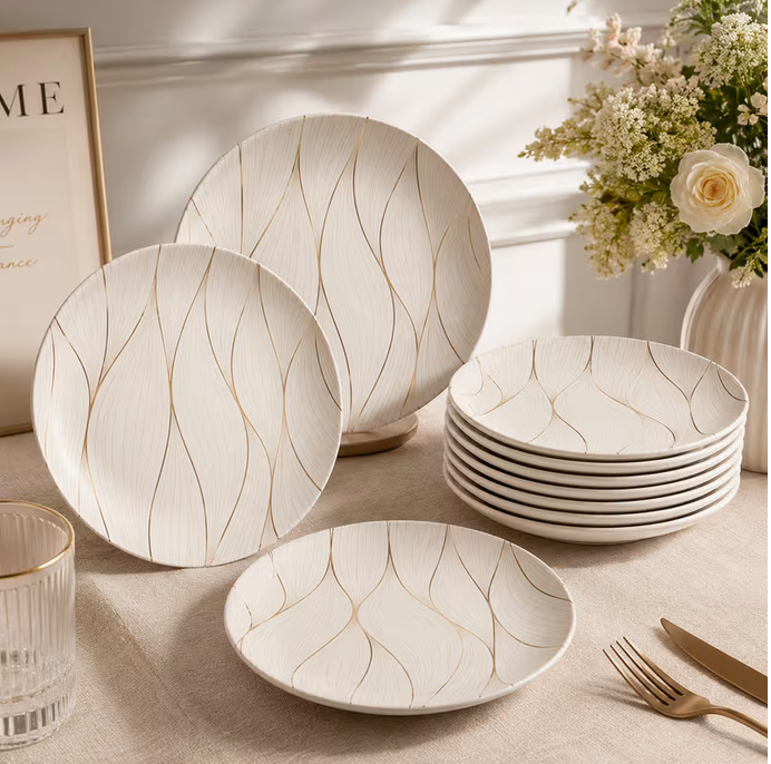 12PCS Heavy Melamine Dinner Plates 26cm Gold Seashell Pattern Durable Dishwasher Safe Tableware Set