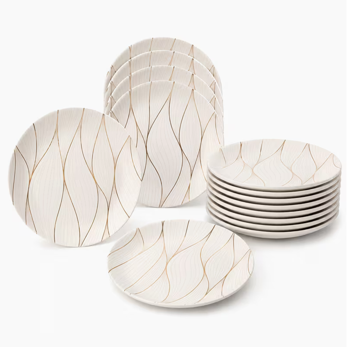 12PCS Heavy Melamine Dinner Plates 26cm Gold Seashell Pattern Durable Dishwasher Safe Tableware Set