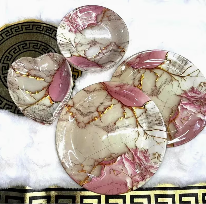 18PCS Melamine Dinnerware Set Pink Gold Marble Plates Set 26cm 20cm 17cm Lightweight Durable Tableware