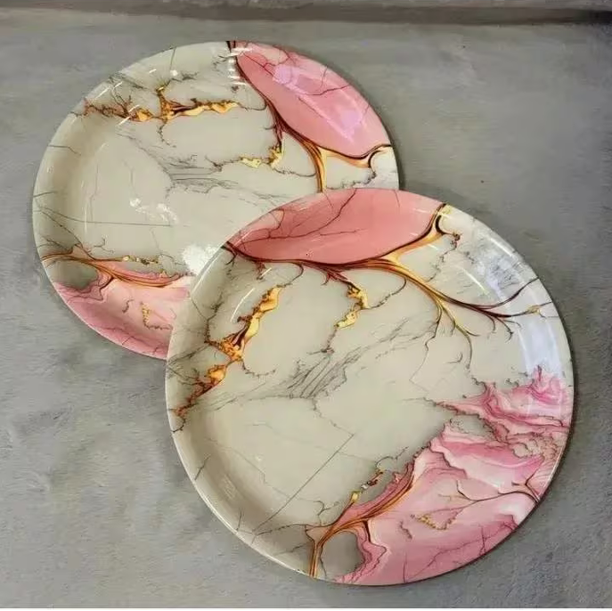 18PCS Melamine Dinnerware Set Pink Gold Marble Plates Set 26cm 20cm 17cm Lightweight Durable Tableware
