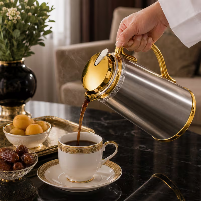 Luxury Silver Gold Thermal Coffee Flask Vacuum Insulated Hot Cold Drinks Jug Arabic Style