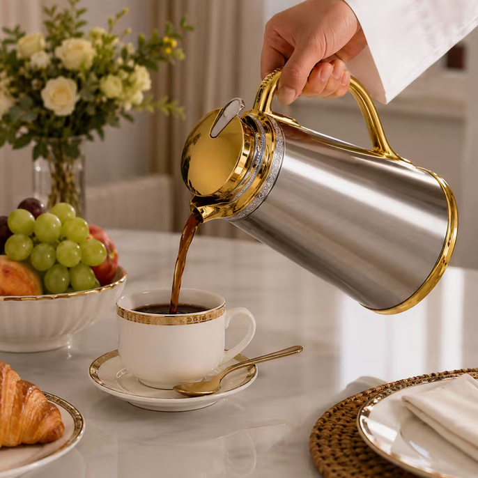 Luxury Silver Gold Thermal Coffee Flask Vacuum Insulated Hot Cold Drinks Jug Arabic Style