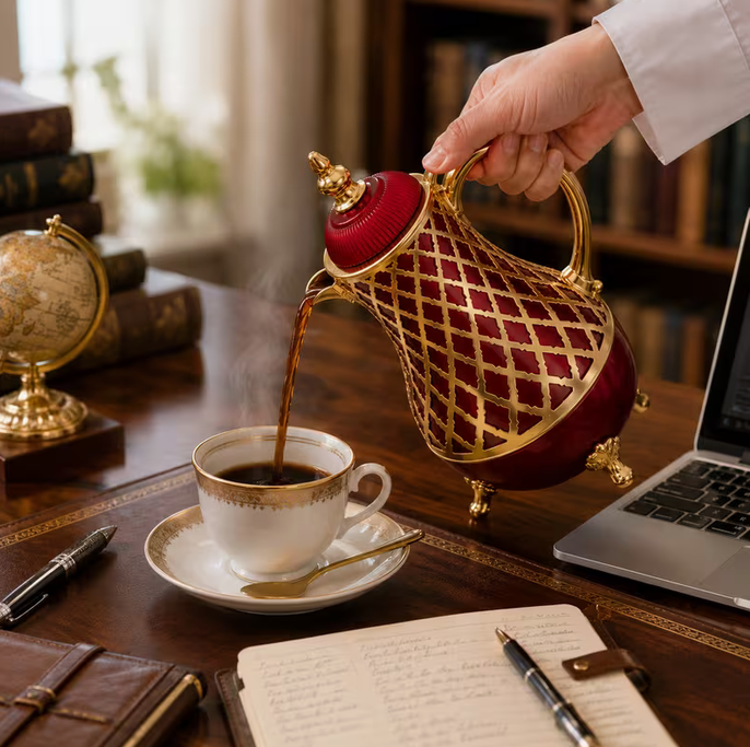 Luxury Burgundy Gold Thermal Coffee Flask Vacuum Insulated Arabic Serving Pot Hot Cold Drinks Jug