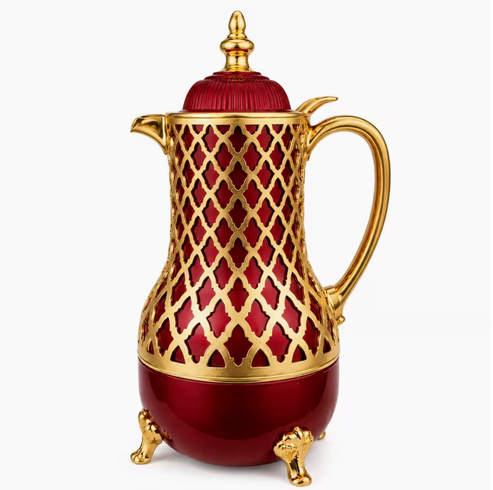 Luxury Burgundy Gold Thermal Coffee Flask Vacuum Insulated Arabic Serving Pot Hot Cold Drinks Jug