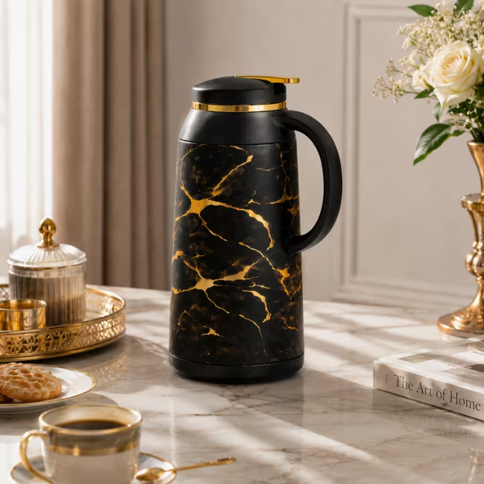 Black Marble Coffee Flask 1L Thermal Jug Vacuum Insulated Hot Cold Drinks Modern Tea Server
