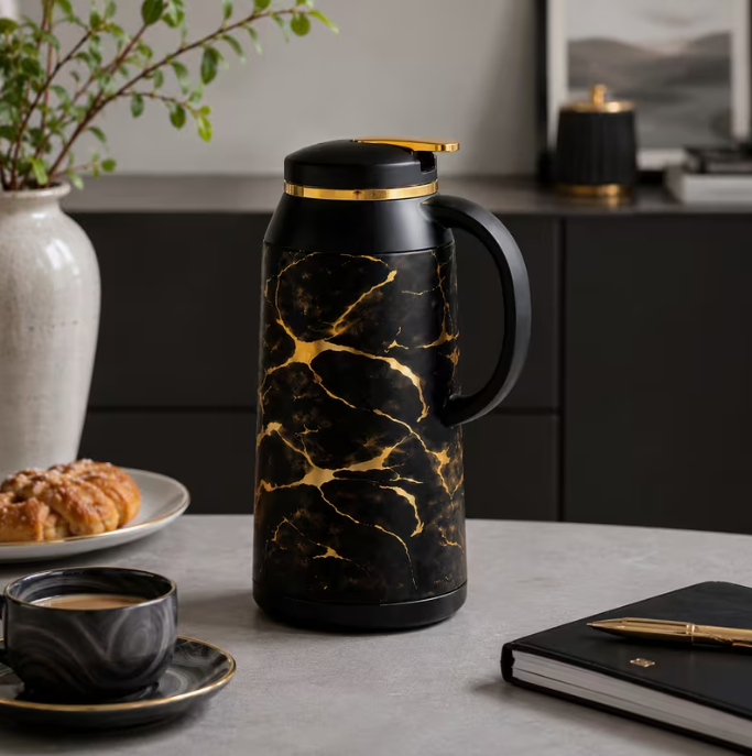 Black Marble Coffee Flask 1L Thermal Jug Vacuum Insulated Hot Cold Drinks Modern Tea Server