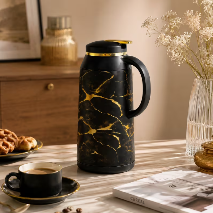 Black Marble Coffee Flask 1L Thermal Jug Vacuum Insulated Hot Cold Drinks Modern Tea Server