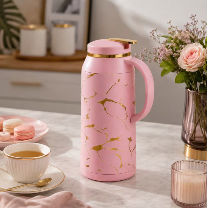 Pink Marble Coffee Flask 1L Thermal Jug Vacuum Insulated Hot Cold Drinks Modern Tea Server