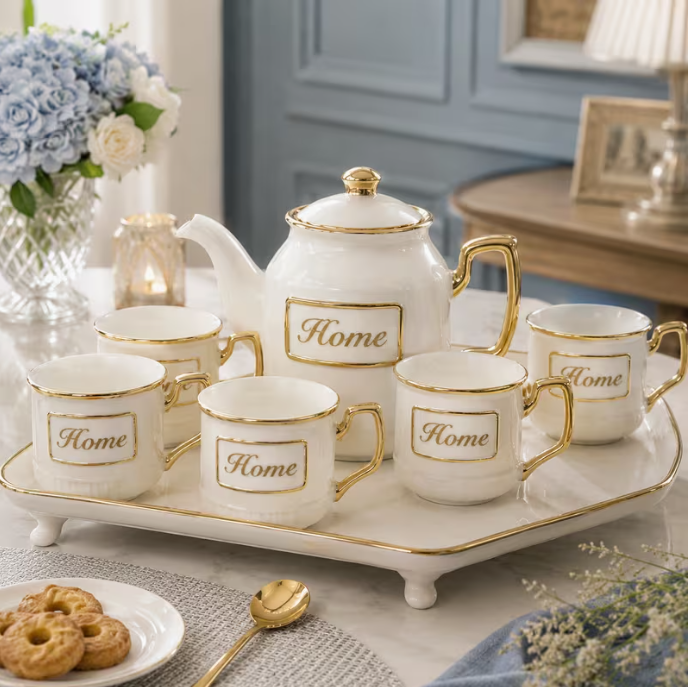 Luxury Ceramic Tea Pot & Cup Set with Tray – 7pcs Gold Accent Coffee Tea Set with 6 Cups Elegant Serving Gift Set