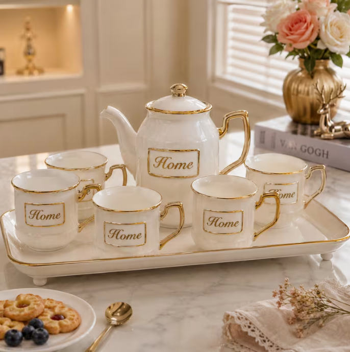 Luxury Ceramic Tea Pot & Cup Set with Tray – 7pcs Gold Accent Coffee Tea Set with 6 Cups Elegant Serving Gift Set