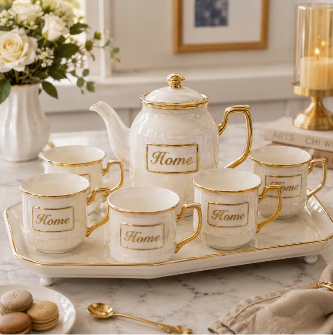 Luxury Ceramic Tea Pot & Cup Set with Tray – 7pcs Gold Accent Coffee Tea Set with 6 Cups Elegant Serving Gift Set