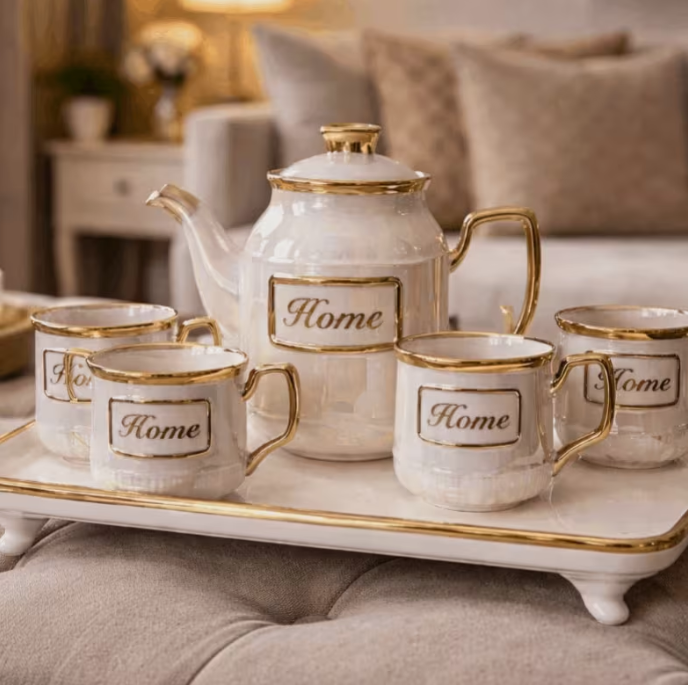 Luxury Ceramic Tea Pot & Cup Set with Tray – 7pcs Gold Accent Coffee Tea Set with 6 Cups Elegant Serving Gift Set