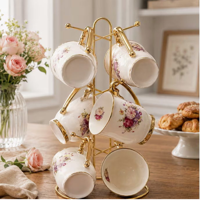 Floral Ceramic Tea Cup Set with Gold Stand – 6pcs Coffee Cups with Holder Luxury Drinkware Gift Set