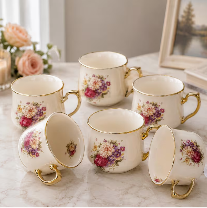 Floral Ceramic Tea Cup Set with Gold Stand – 6pcs Coffee Cups with Holder Luxury Drinkware Gift Set