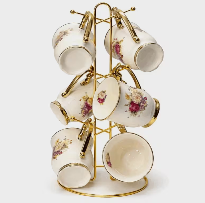 Floral Ceramic Tea Cup Set with Gold Stand – 6pcs Coffee Cups with Holder Luxury Drinkware Gift Set