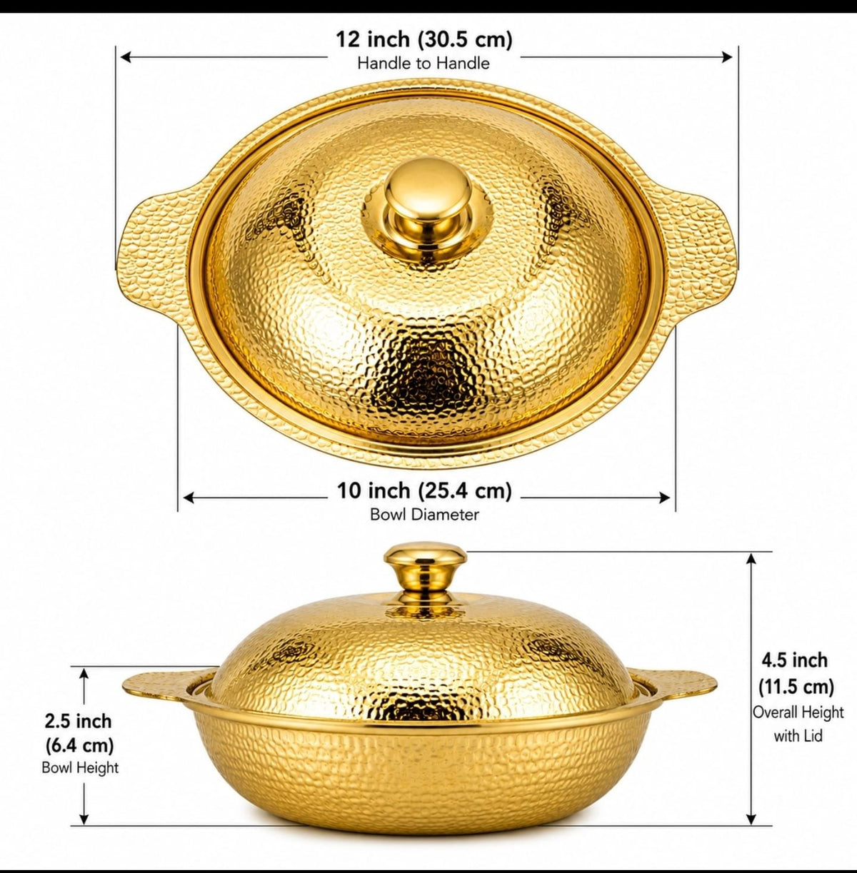 Gold-Tone Hammered Serving Bowl with Domed Lid and Side Handles, 10-Inch Covered Bowl for Rice, Curry, Biryani and Table Serving