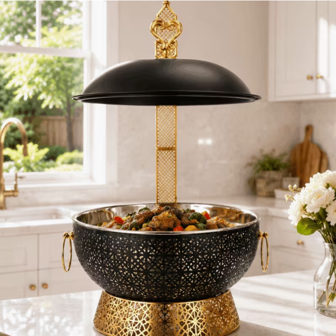 Luxury Buffet Chafing Dish with Lid – Gold & Black Metal Charcoal Angithi Food Warmer BBQ Serving Dish for Catering & Kitchen Decor