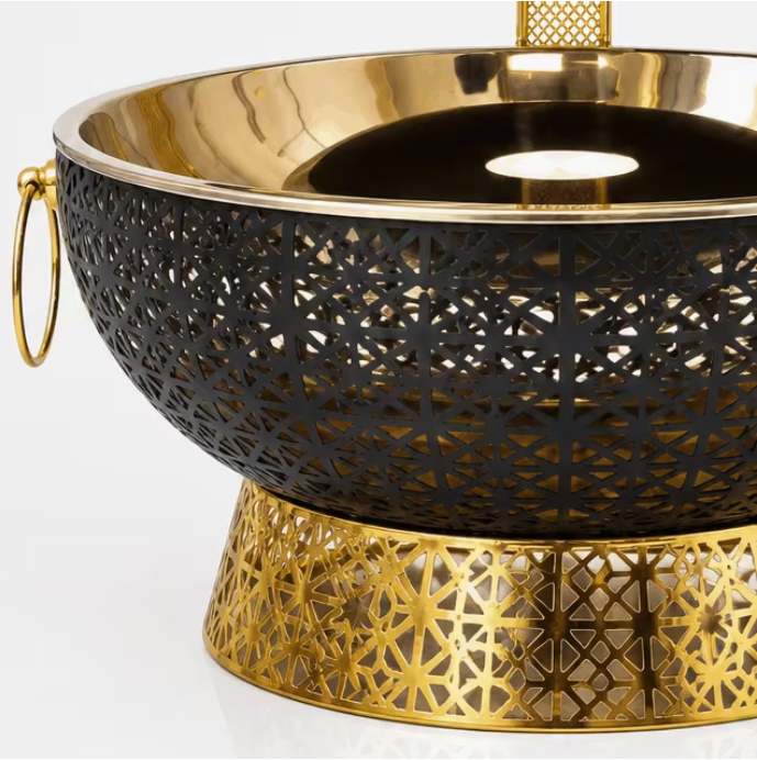 Luxury Buffet Chafing Dish with Lid – Gold & Black Metal Charcoal Angithi Food Warmer BBQ Serving Dish for Catering & Kitchen Decor