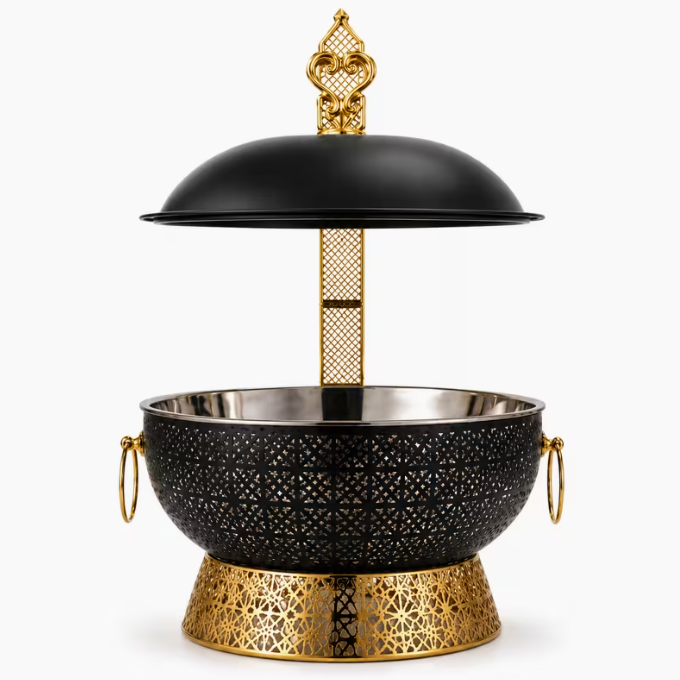 Luxury Buffet Serving Bowl with Lid Gold Black Metal Charcoal Angithi Food Warmer BBQ Serving Dish Catering Kitchen Decor