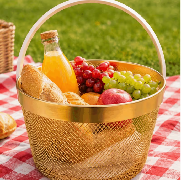 Luxury Gold Metal Mesh Basket with Handle Fruit Storage Basket Picnic Organizer Bread Storage Kitchen Decor