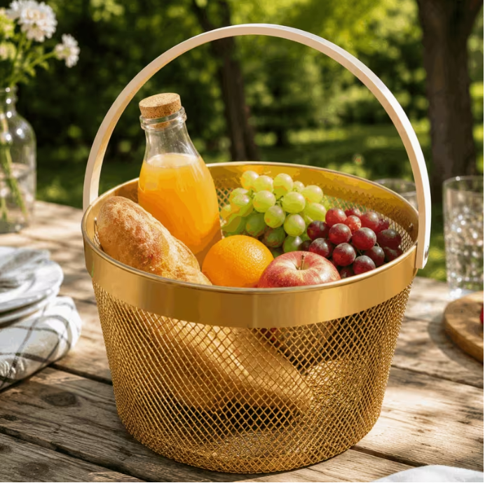 Luxury Gold Metal Mesh Basket with Handle Fruit Storage Basket Picnic Organizer Bread Storage Kitchen Decor