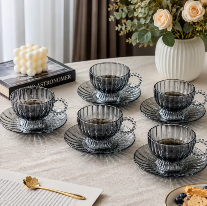 Classic Charcoal Glass Tea Cup & Saucer Set 12pcs – 200ml Footed Coffee Cups with Beaded Handle Elegant Drinkware