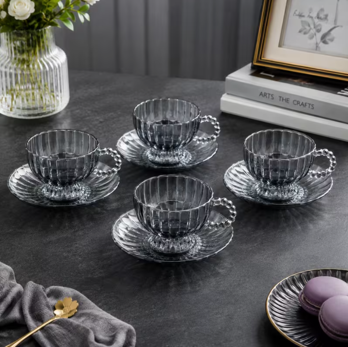 Classic Charcoal Glass Tea Cup & Saucer Set 12pcs – 200ml Footed Coffee Cups with Beaded Handle Elegant Drinkware