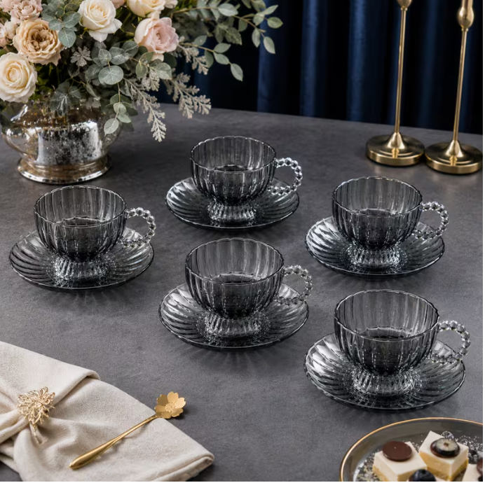 Classic Charcoal Glass Tea Cup & Saucer Set 12pcs – 200ml Footed Coffee Cups with Beaded Handle Elegant Drinkware