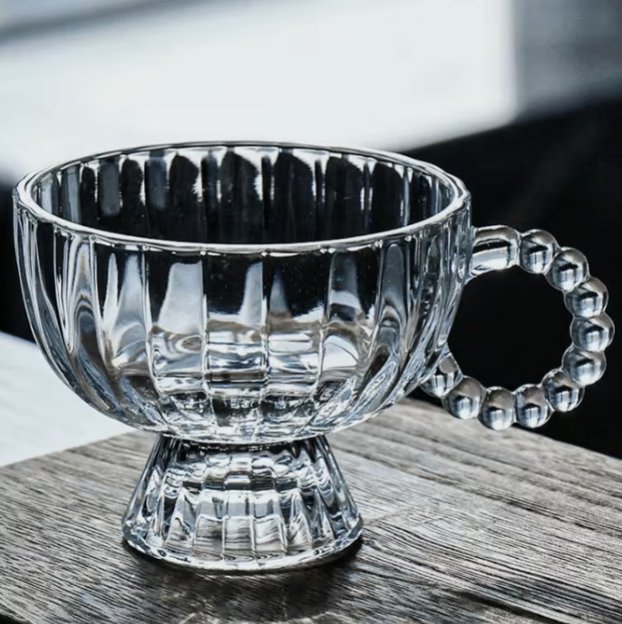 Classic Charcoal Glass Tea Cup & Saucer Set 12pcs – 200ml Footed Coffee Cups with Beaded Handle Elegant Drinkware