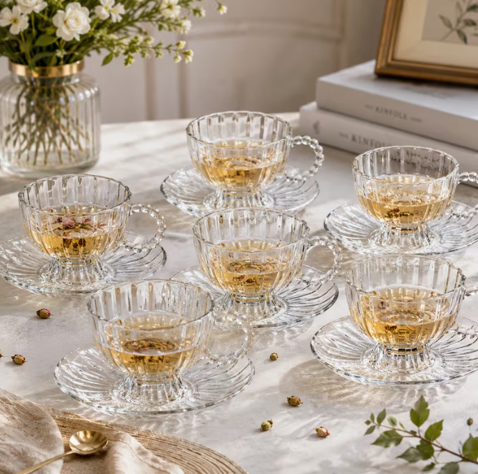 Classic Transparent Glass Tea Cup & Saucer Set 12pcs – 200ml Footed Coffee Cups with Beaded Handle Elegant Drinkware