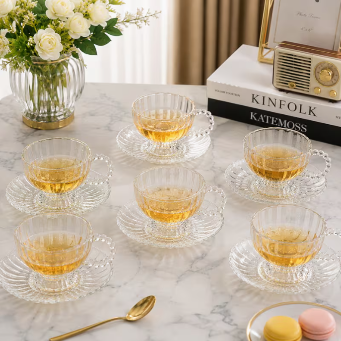 Classic Transparent Glass Tea Cup & Saucer Set 12pcs – 200ml Footed Coffee Cups with Beaded Handle Elegant Drinkware