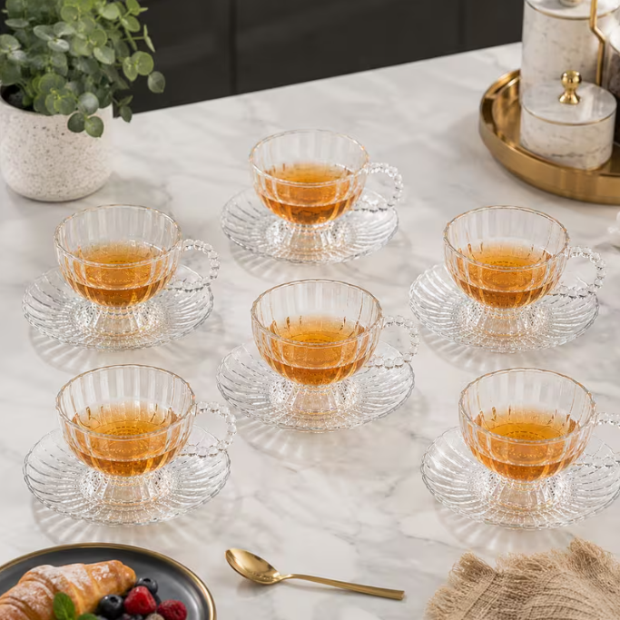 Classic Transparent Glass Tea Cup & Saucer Set 12pcs – 200ml Footed Coffee Cups with Beaded Handle Elegant Drinkware