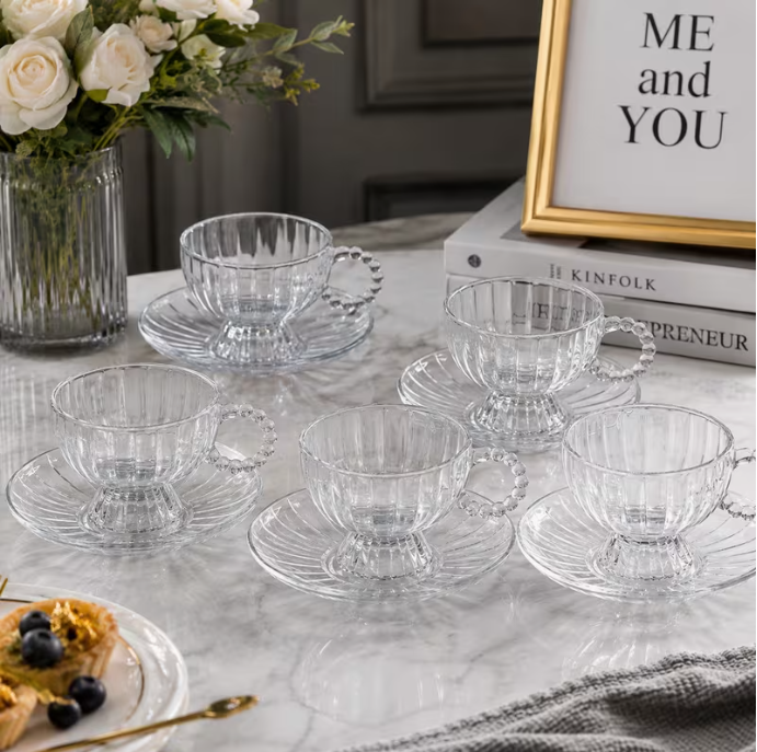 Classic Transparent Glass Tea Cup & Saucer Set 12pcs – 200ml Footed Coffee Cups with Beaded Handle Elegant Drinkware