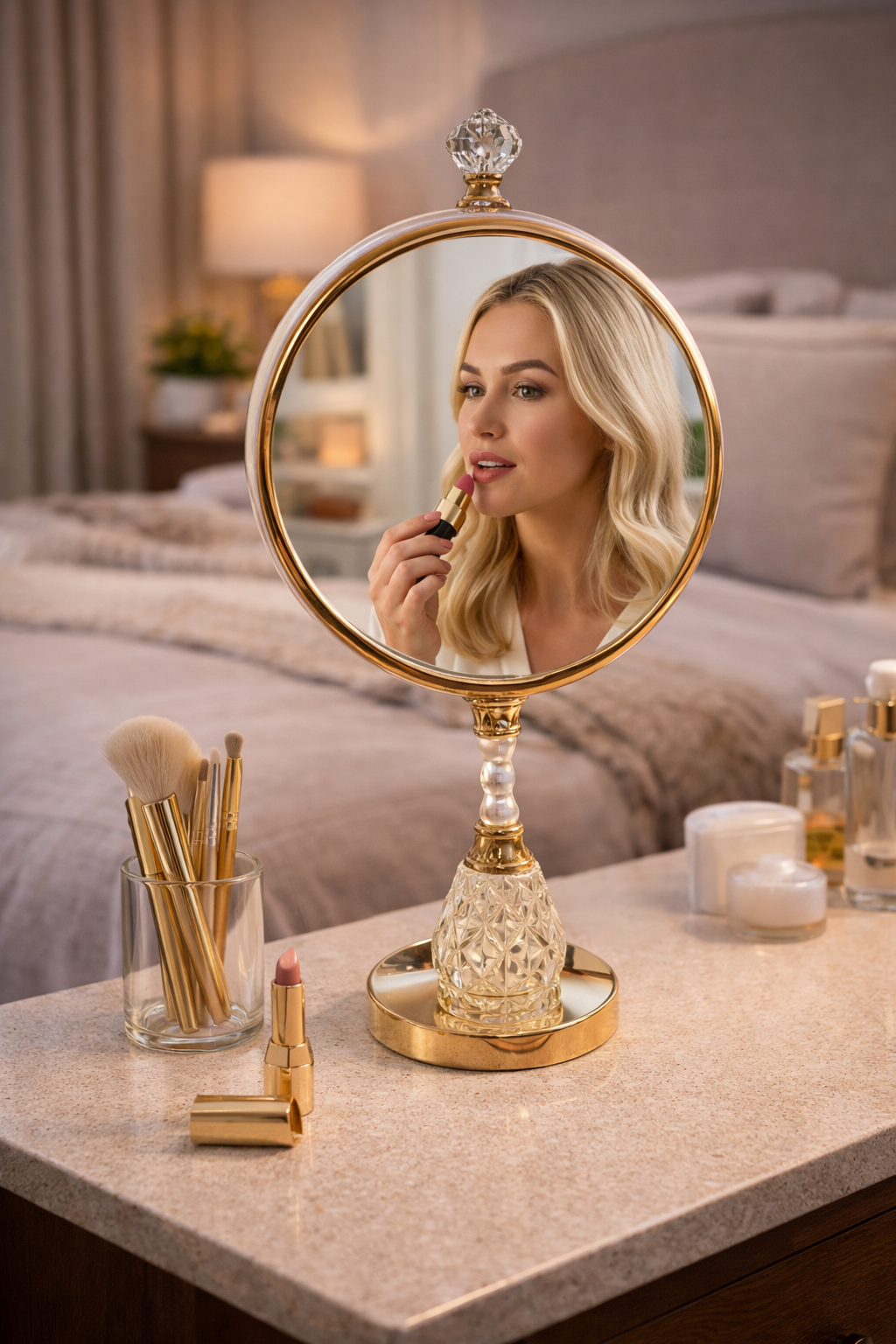 Woman applying lipstick in front of a decorative vanity mirror on a clockstand.