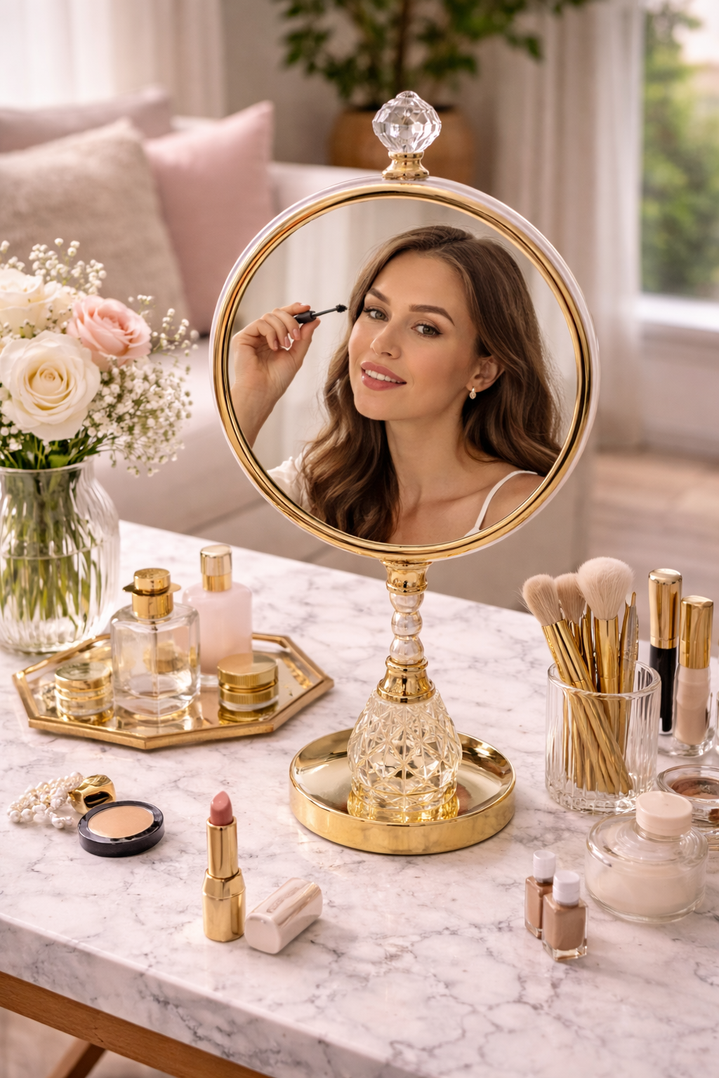 Woman applying makeup in front of a decorative vanity mirror with various beauty products on a marble surface.