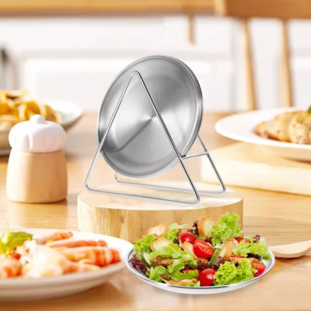 One set of a round stainless steel dinner plates with plates holder Silver.