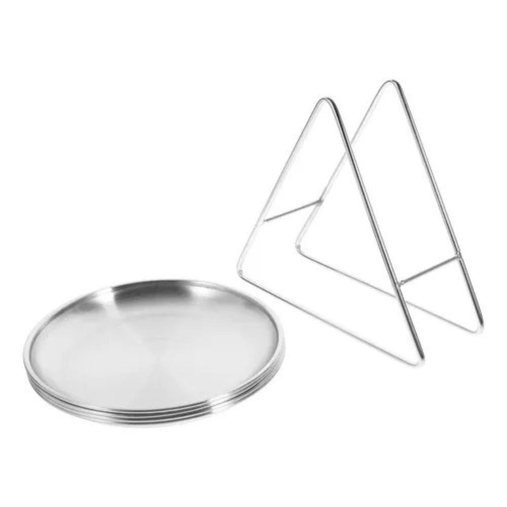 One set of a round stainless steel dinner plates with plates holder Silver.