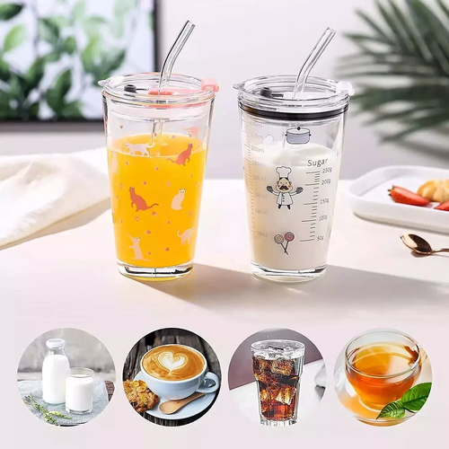 3 X 450ml Glass Cup With Lid Straw Coffee Mug Tea Juice Cup Water Cup ASSORTED