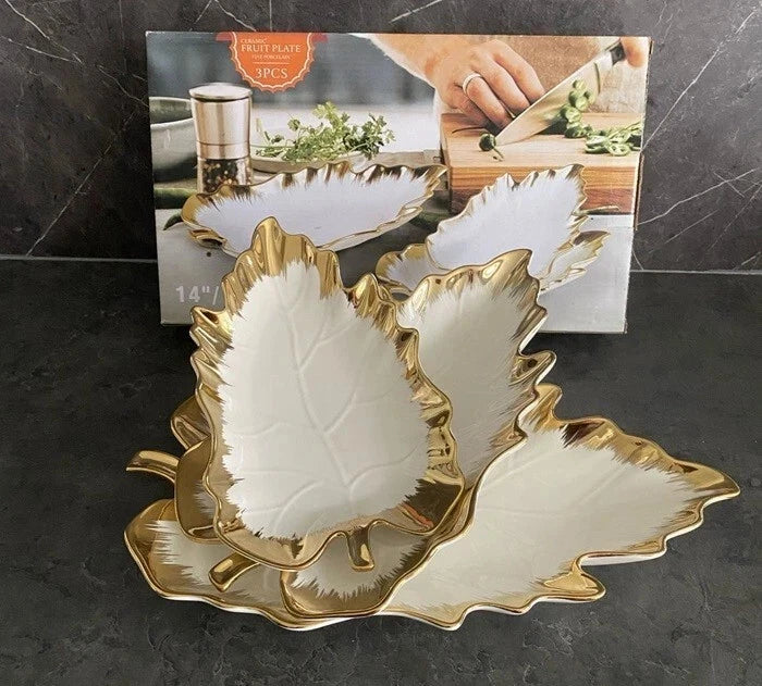 Luxury ceramic leaf serving plates set with gold rim for fruits and snacks elegant tableware
