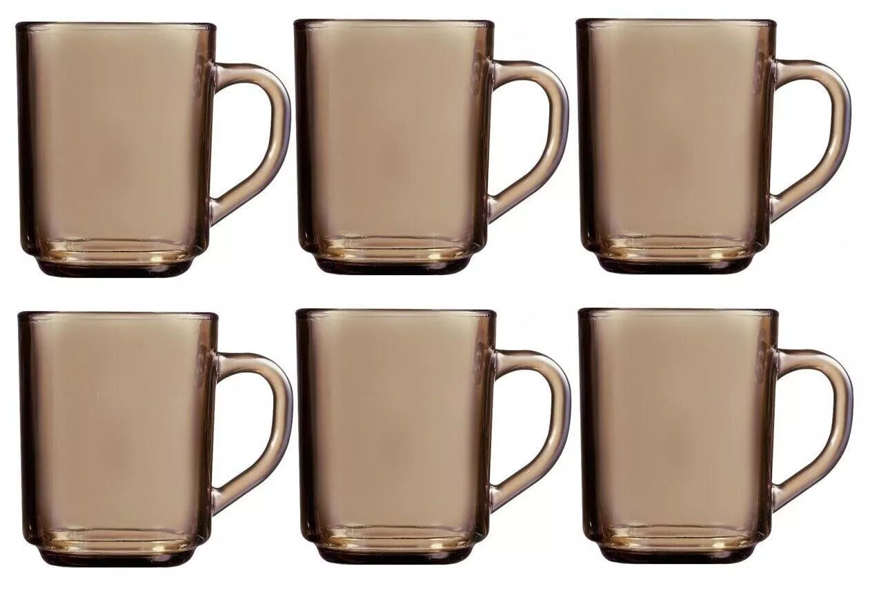 Set Of 6 DELI Retro Smoked Glass Coffee Mugs Hot Drinks Mocha Tea Cup 25cl
