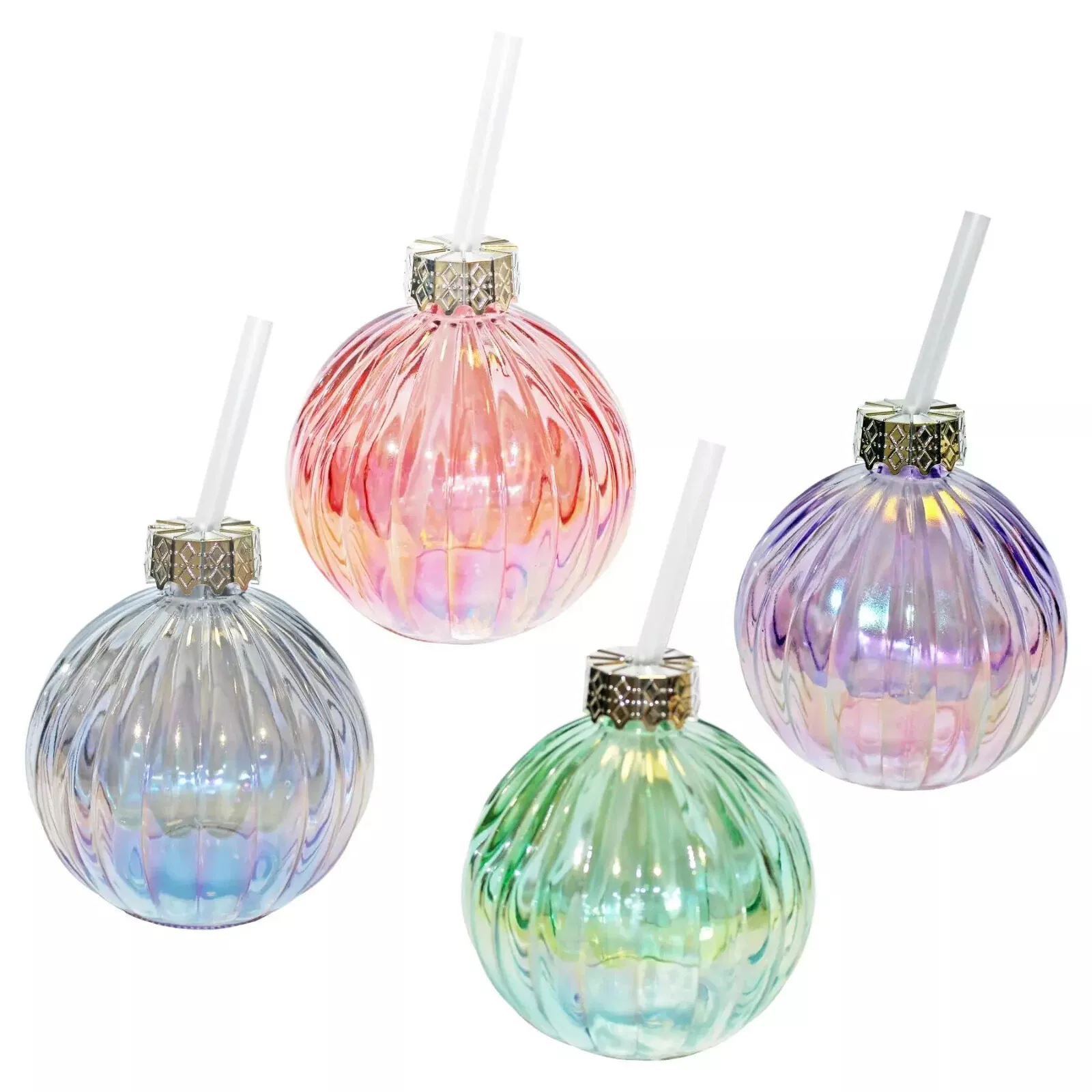 Bauble Drinking Glass Set of 4 with Straw Pearlescent Colours