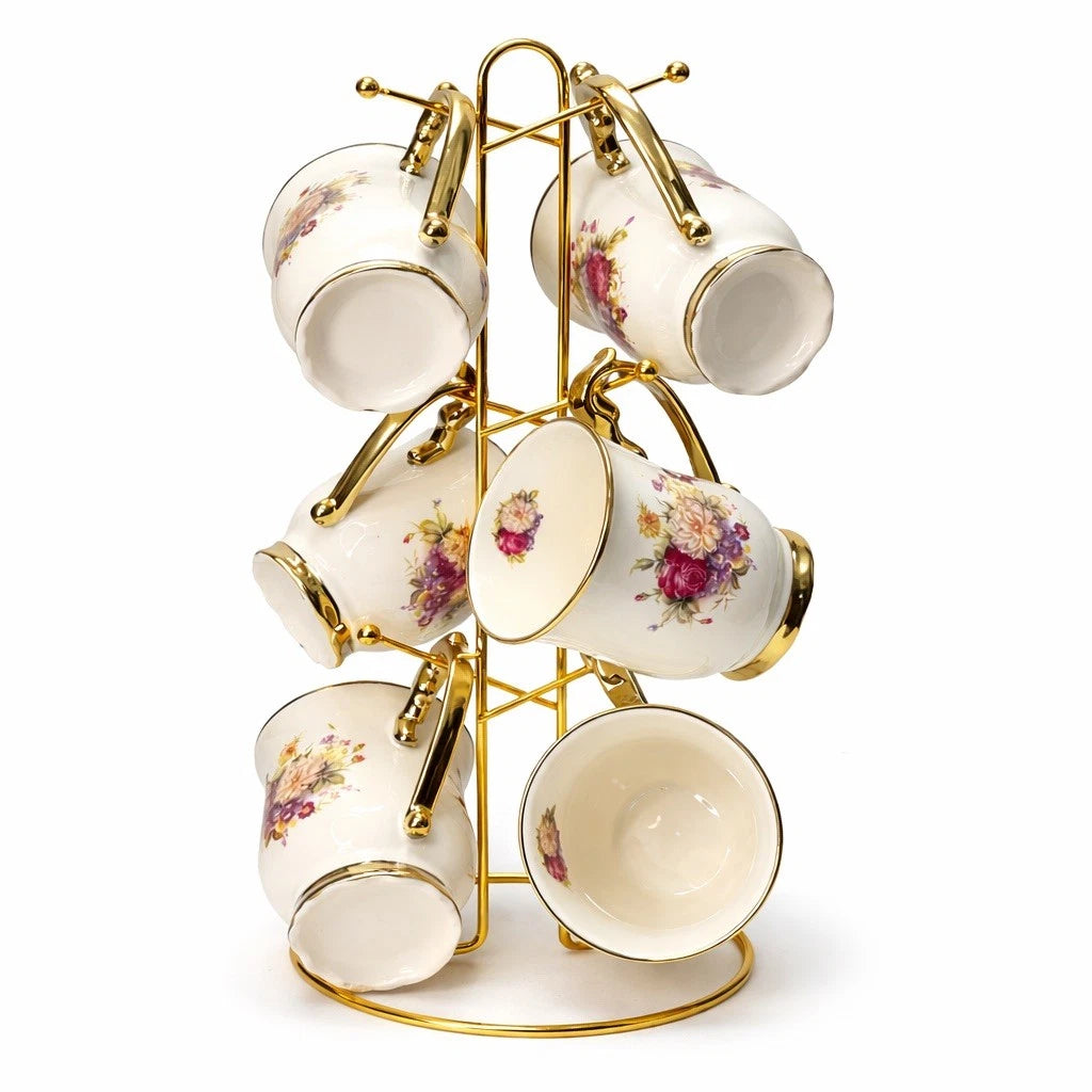 Luxury Porcelain Tea Cups Set with Gold Stand 300ml Floral Coffee Mugs Holder Rack Kitchen Display Set