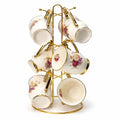 Luxury Porcelain Tea Cups Set with Gold Stand 300ml Floral Coffee Mugs Holder Rack Kitchen Display Set