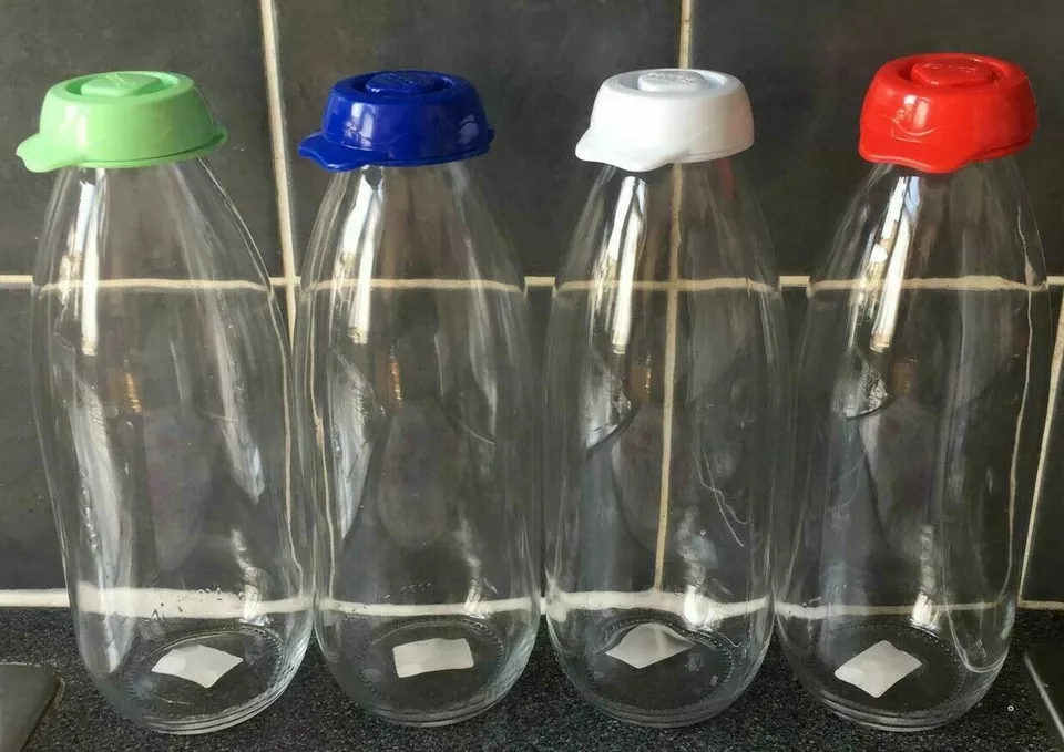 Glass Milk Bottle Fridge Storage Carafe Decanter - 1 Litre - Pack of 3, WITH LID